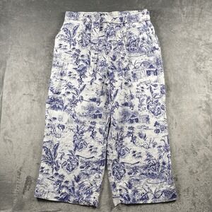Joie Pants Womens Size XL Blue White Toile Print 100% Linen Wide Leg Belted
